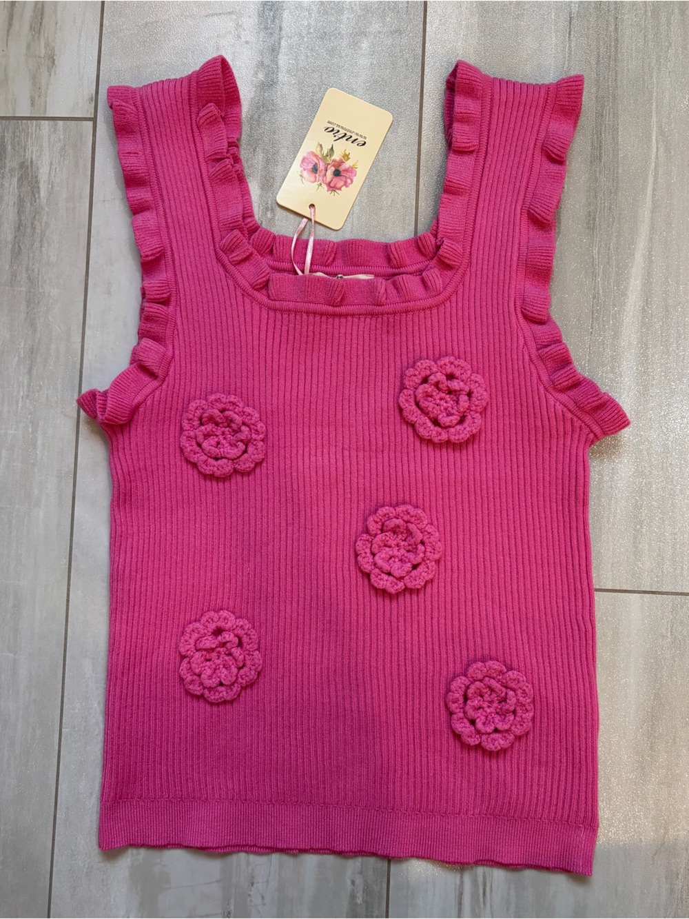 NWT Entro Hot Pink Sweater Knit Crochet Flower Ruffled Tank Top Women’s L